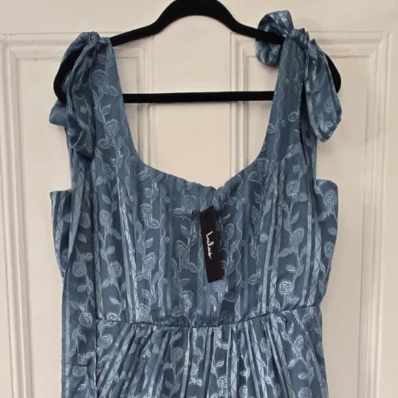 Lulus Picturesque Allure Slate Blue Jacquard Tie-Strap Maxi Dress - Picture 2 of 8